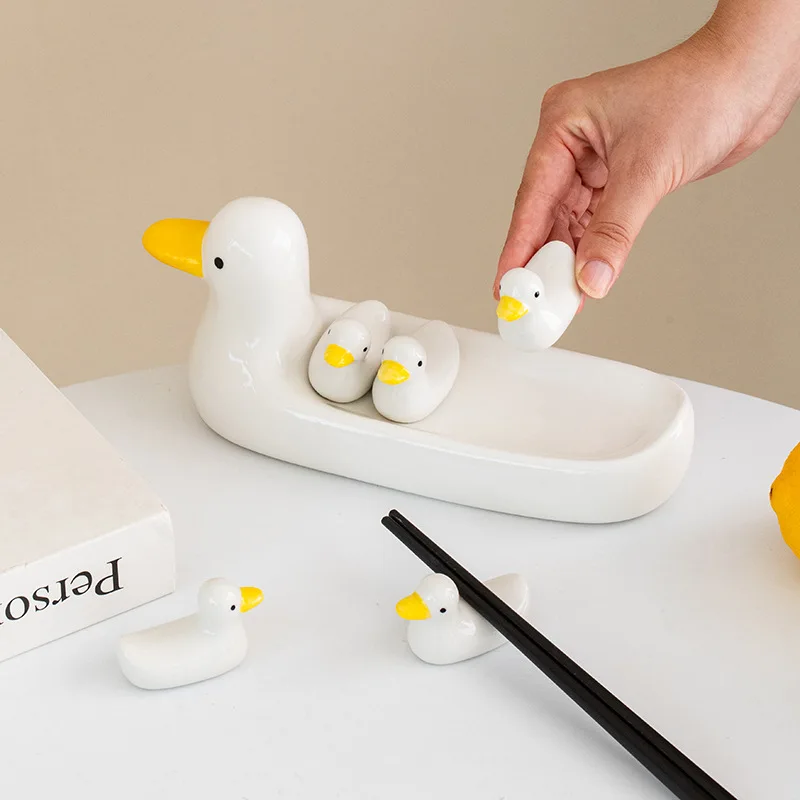 

Cute Little Duck Chopstick Holder Tray White Rabbit Dining Table Storage Container Porcelain Plate Home Decoration Accessories
