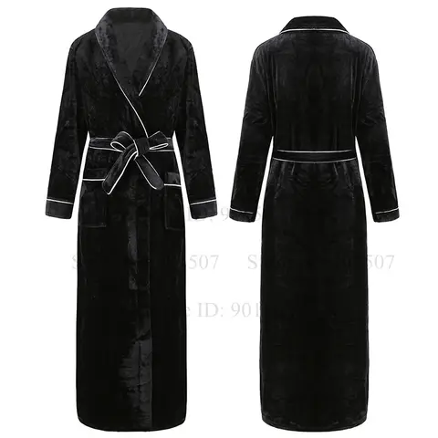 Black Thicken Flannel Bathrobe Gown Lady Elegant Nightwear Loose Kimono Robes Lovers Winter Autumn New Sleepwear Warm Homewear