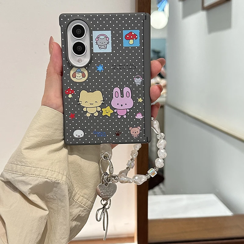 Korean Polka Dot Cute Kitten Phone Case For Samsung Galaxy Z Fold 8 Z Fold8 Cover with Chain Kawaii Cases For ZFold8 Hard Funda