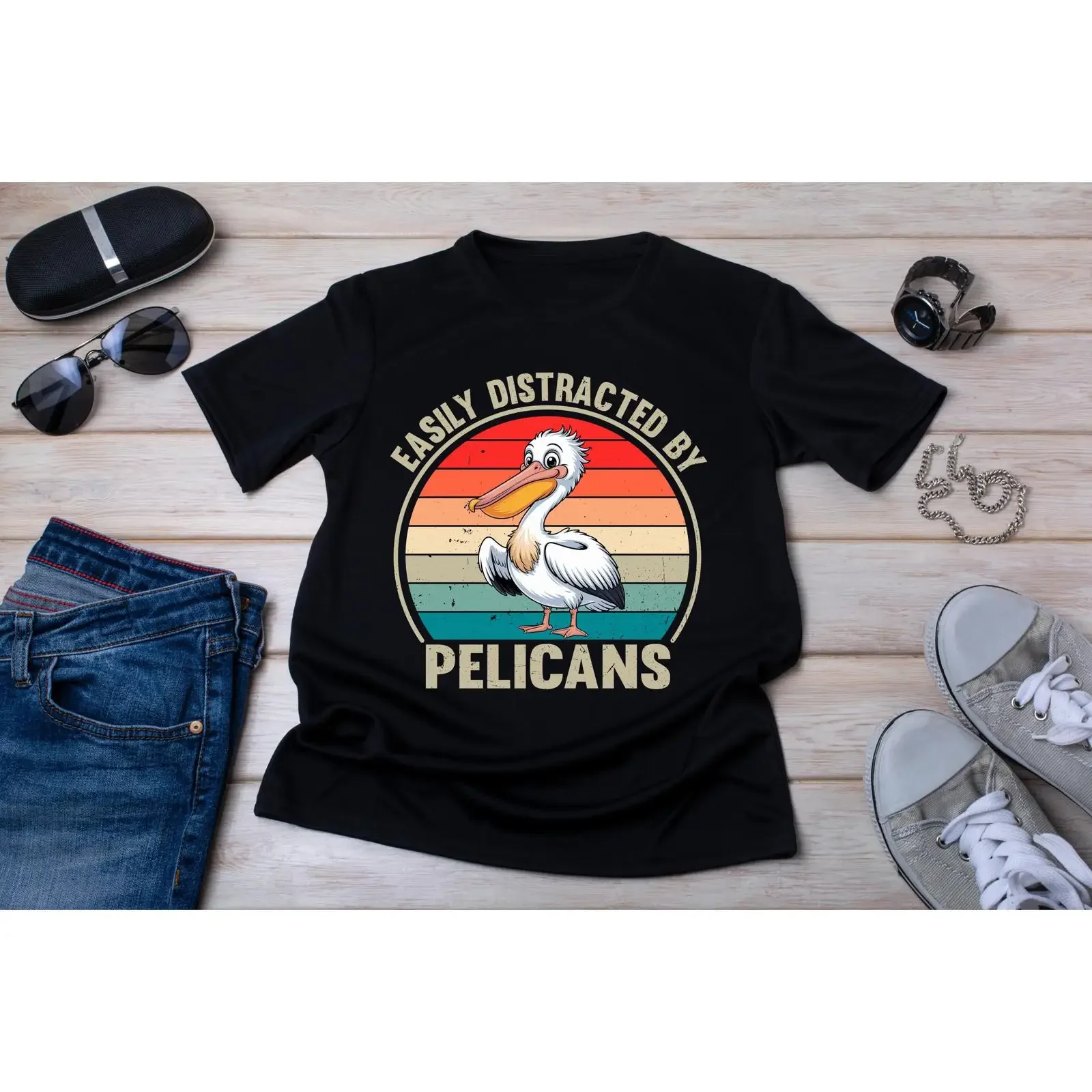 Easily Distracted By Pelicans Vintage T Shirt Funny Pelican Lover s Bird Watching Wildlife Ocean Seabird Casual vintage Washed