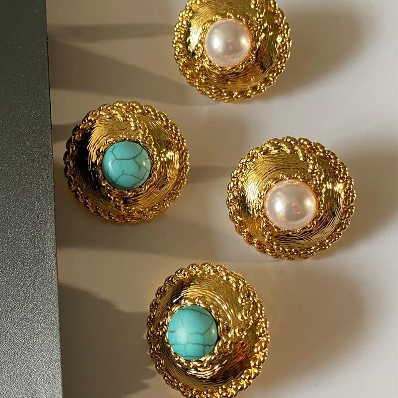 French Exaggerated Imitation Turquoise Pearl Stud Earrings for Women's Wedding Party Middle Ancient Luxury Jewelry gifts