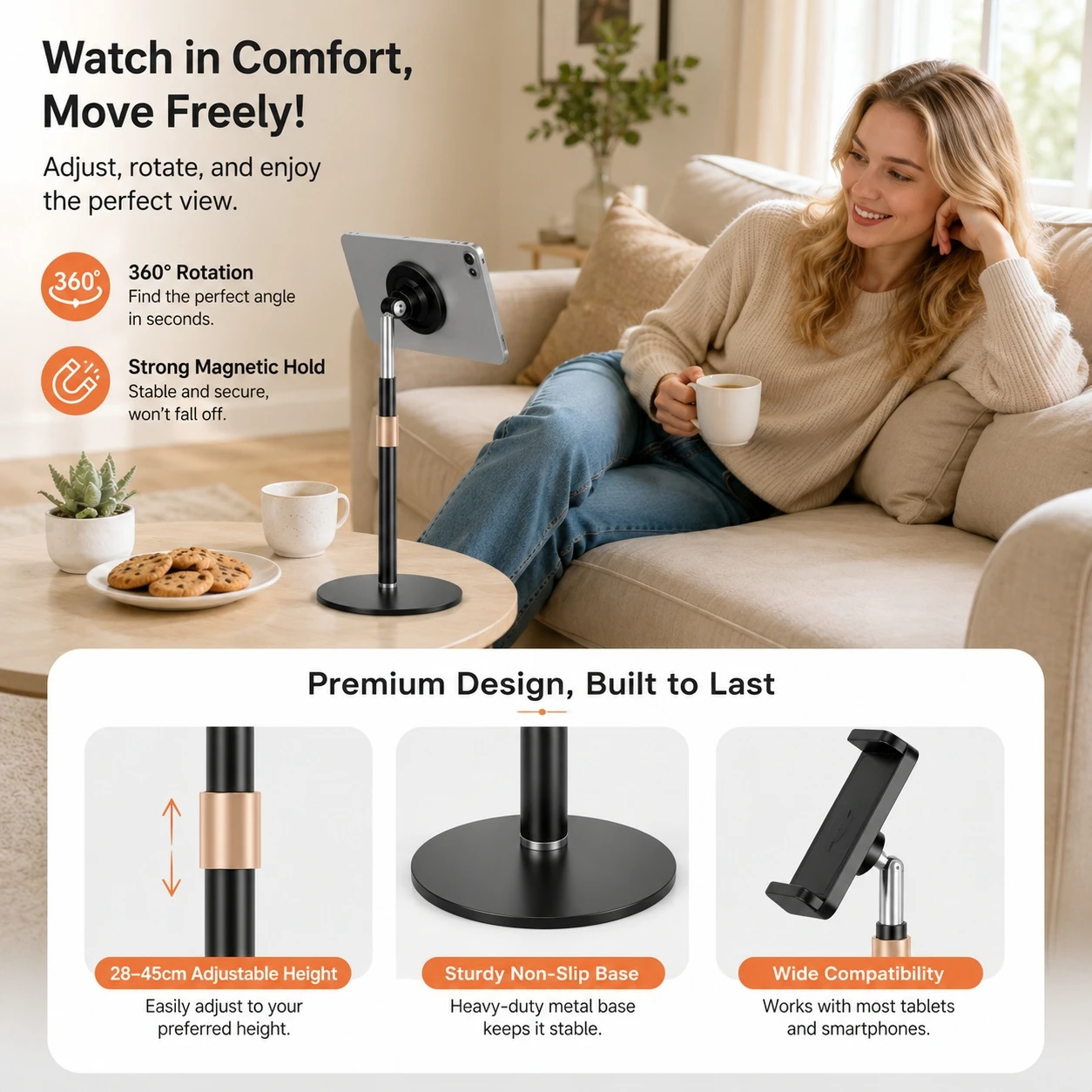 Desk Phone Tablet Stand, Adjustable Metal Holder, 360° Rotating for Live Streaming & Office Work
