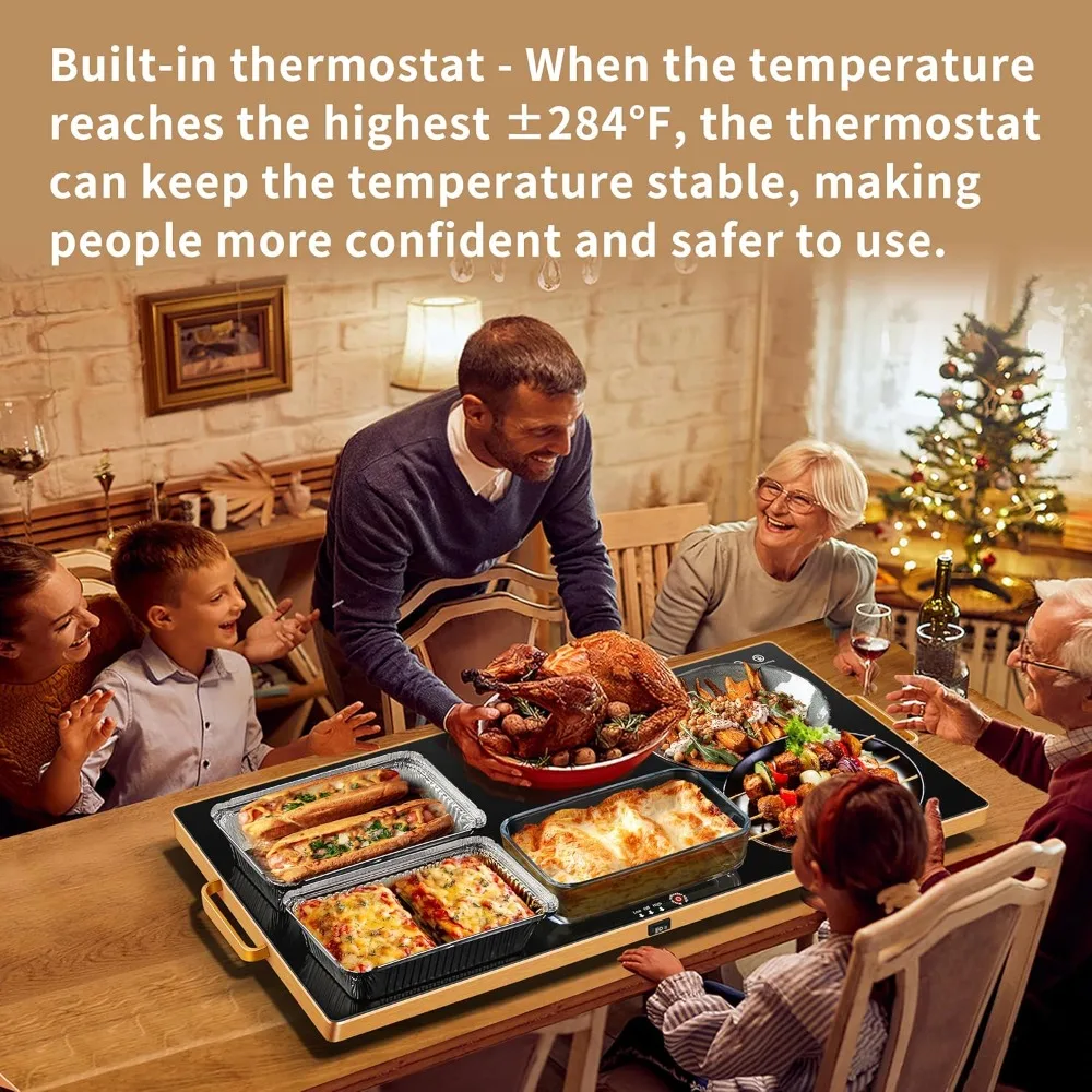 Vassoio per scaldavivande XXL 32x18 con termostato regolabile Scaldavivande per riscaldamento a superficie completa Manici dorati Buffet Party Use Tutti
