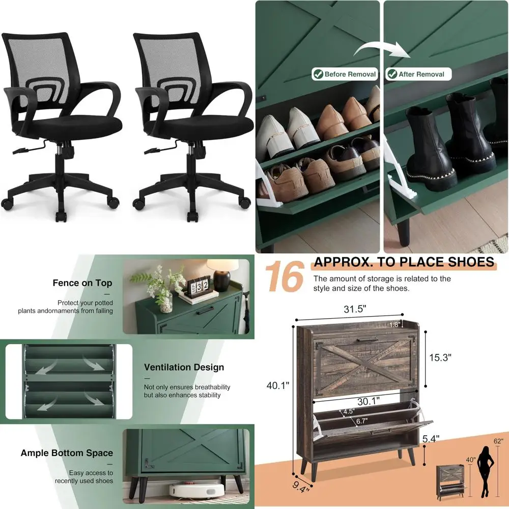 인체공학적 메쉬 사무용 의자, 높이 조절 가능, 요추 지지대 및 회전 기능으로 편안한 게임 및 작업용