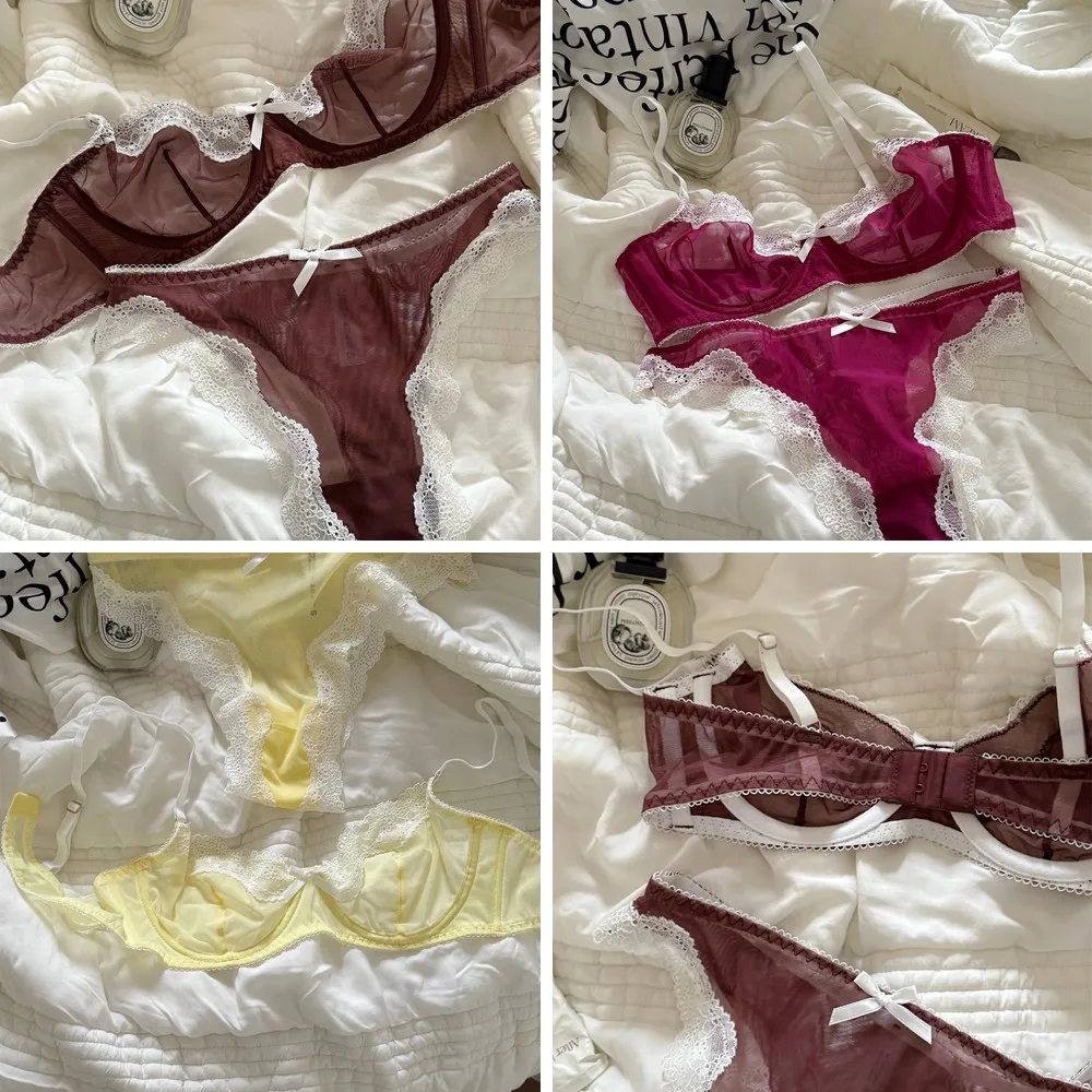 Sexy Sheer Lace Underwire Bra & Panty Set for Women - Push Up Lift for Petite Busts