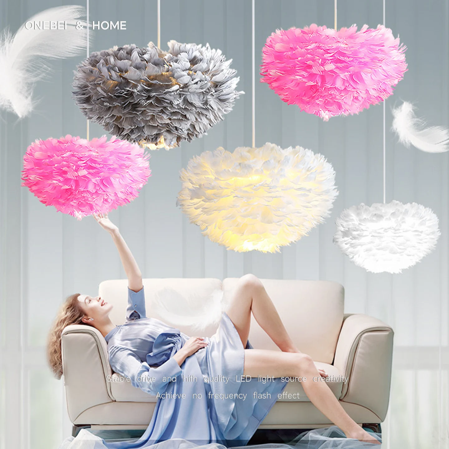 ONEBEI Nordic Modern Creative Feather Lamp Living Room Bedroom Children's Room Pendant Lamp Home Decoration LED Lighting