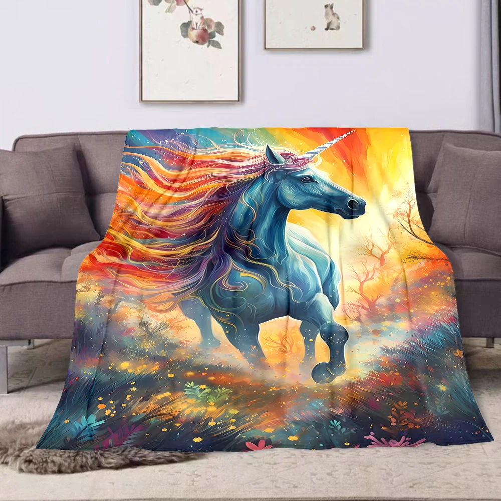 1PC Fantasy unicorn rainbow forest printed blanket all seasons multi-purpose blanket suitable for sofa, camping, travel, car