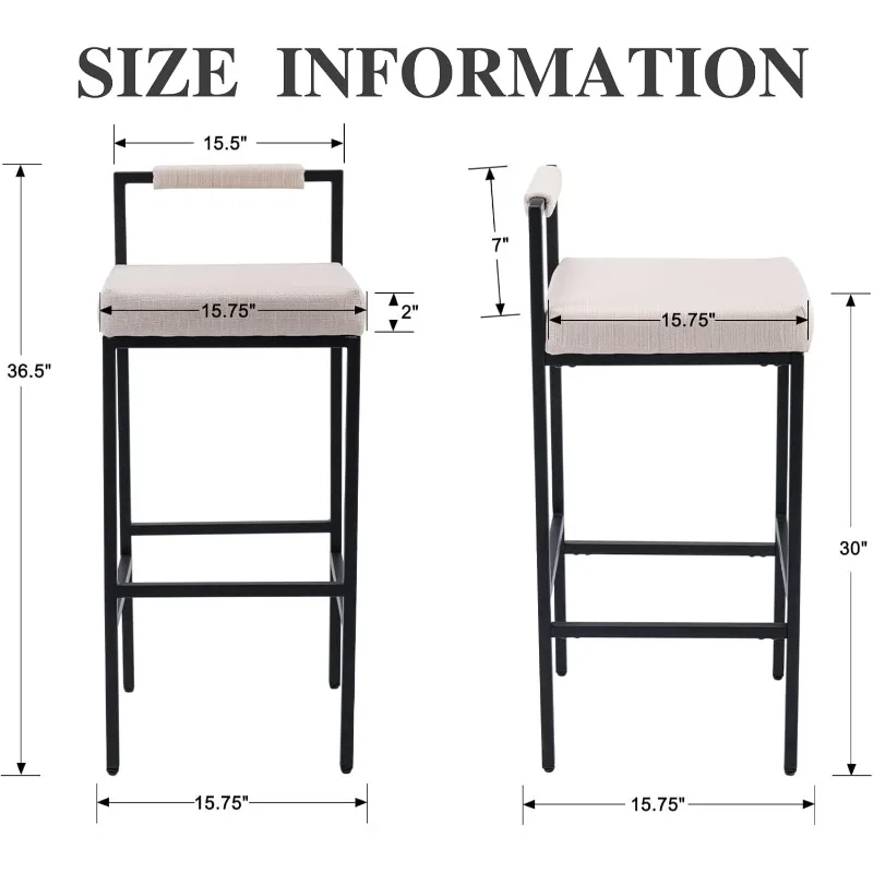 Linen Bar Stools Set of 4 Beige Bar Height Barstools 30 Inch Industrial Counter Stools with Metal Legs Upholstered Tall Stool