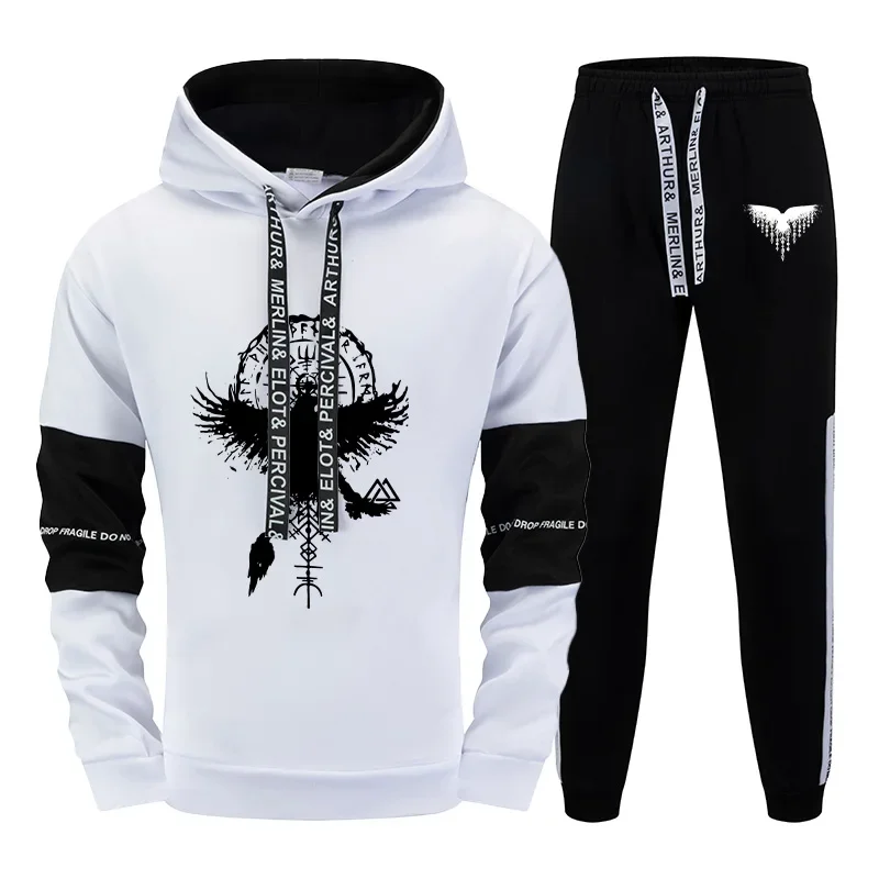 

2025 New Arrival Men's Tracksuit Hooded Sweatshirt Sweatpants Black White Mix Color Fashion Outfit Viking Raven Print Hoodie Set