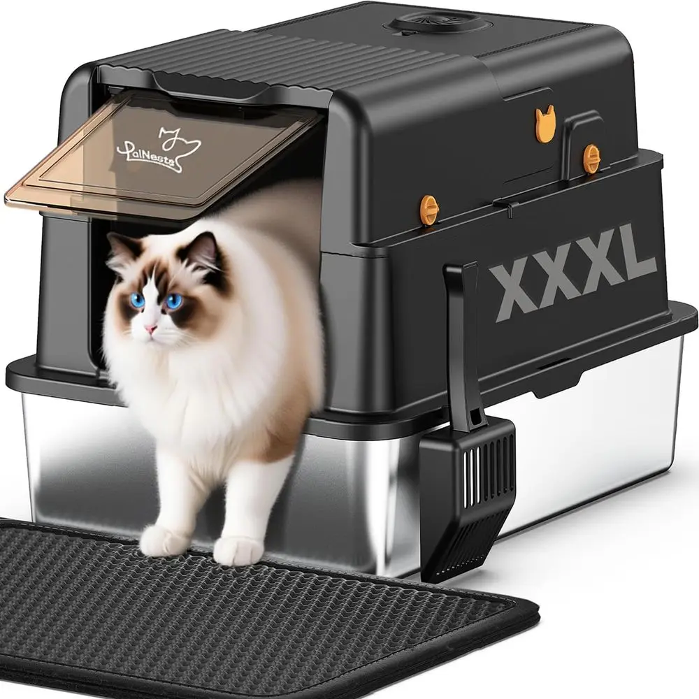 Extra Large Stainless Steel Litter Box with Lid, 28 x 20.5 x 17.4, Suitable for Large Cats, Includes Deodorizer, High Sides, Sco