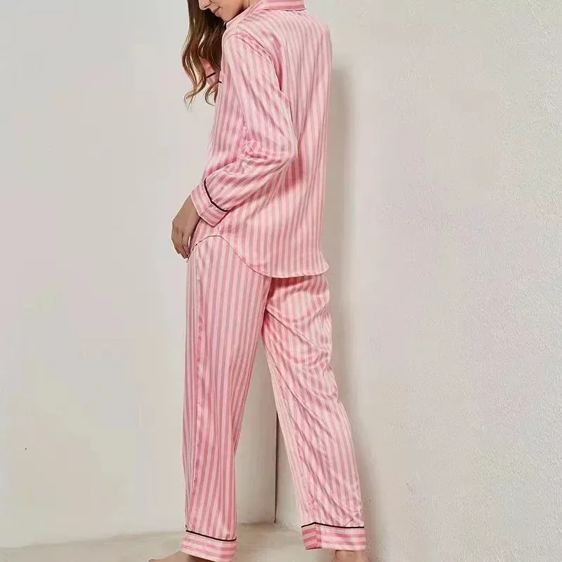 Autumn 2 Pieces Women\'s Pajamas Sets ice Silk Striped Cardigan Pyjama Women\'s Pajamas Sleepwear Sets Spring Summer VS Homewear