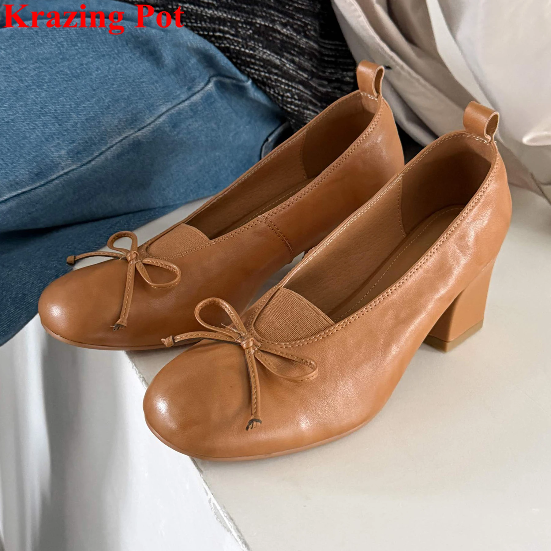 

Krazing Pot Cow Skin Butterfly-knot Round Toe Spring Autumn Shoes Shallow High Heels Elegant Brand Party Wedding Ins Women Pumps