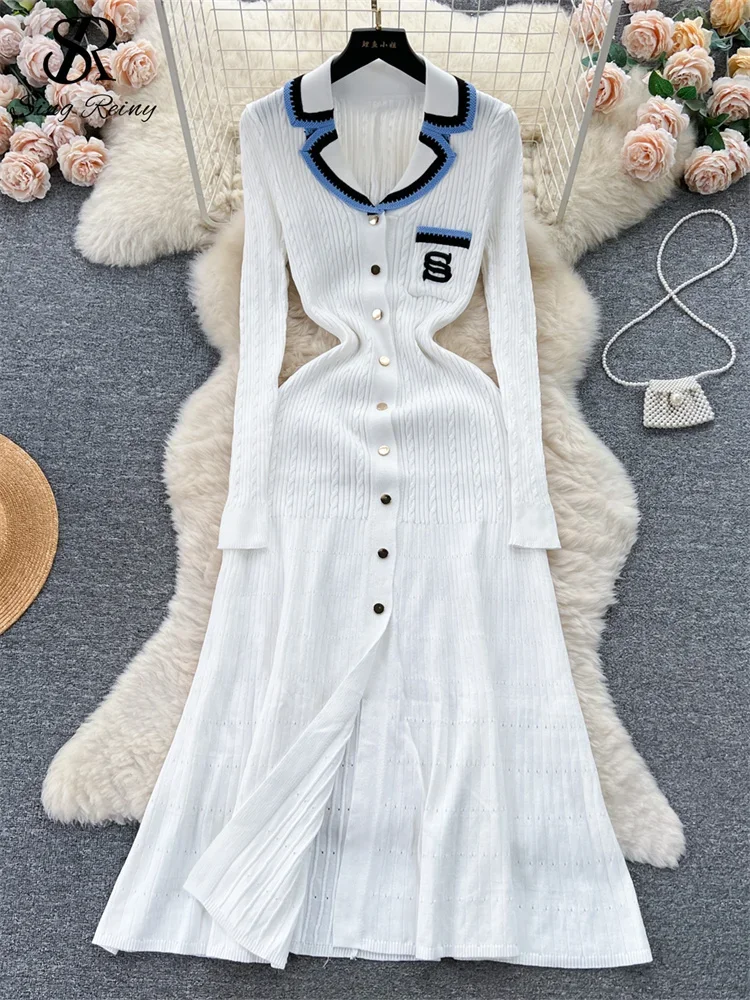 SINGREINY ملابس الربيع فستان المرأة 2025 بولو واحدة الصدر جيب تصميم Bodycon الحياكة مزاجه سترة فساتين طويلة #5