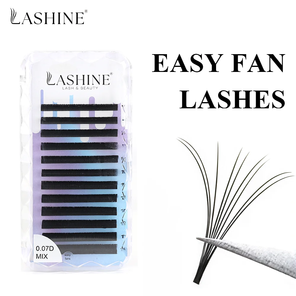 ขนตาปลอมแบบพัด Lashine Easy Fan 12 แถว ขนาด 0.07 มม. งอน D แบบผสม 7-14 มม. ให้ความหนาแน่นเร็ว ง่ายต่อการต่อขนตาแบบพัด ขนตาปลอมแบบนุ่มสไตล์รัสเซีย