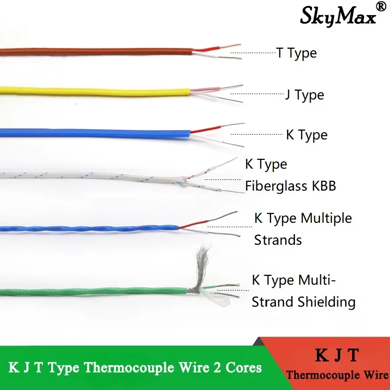 K J T Type Thermocouple Wire 2Cores PTFE Insulator Shielded Line GlassFiber High Temperature Measuring Line Compensation Cable