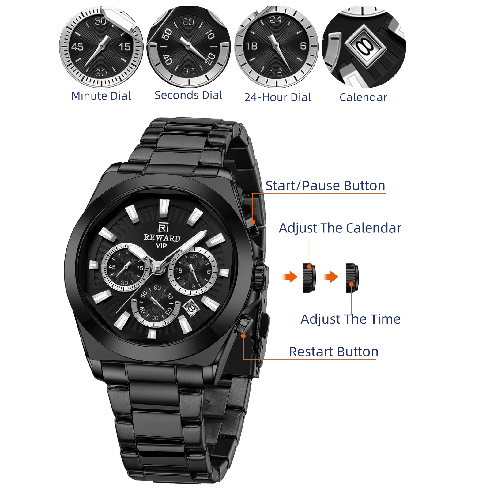 REWARD VIP Mens Wrist Watches Black Business Stainless Steel Wristwatch Chronograph Luminous Waterproof Date Sport Watch for Men