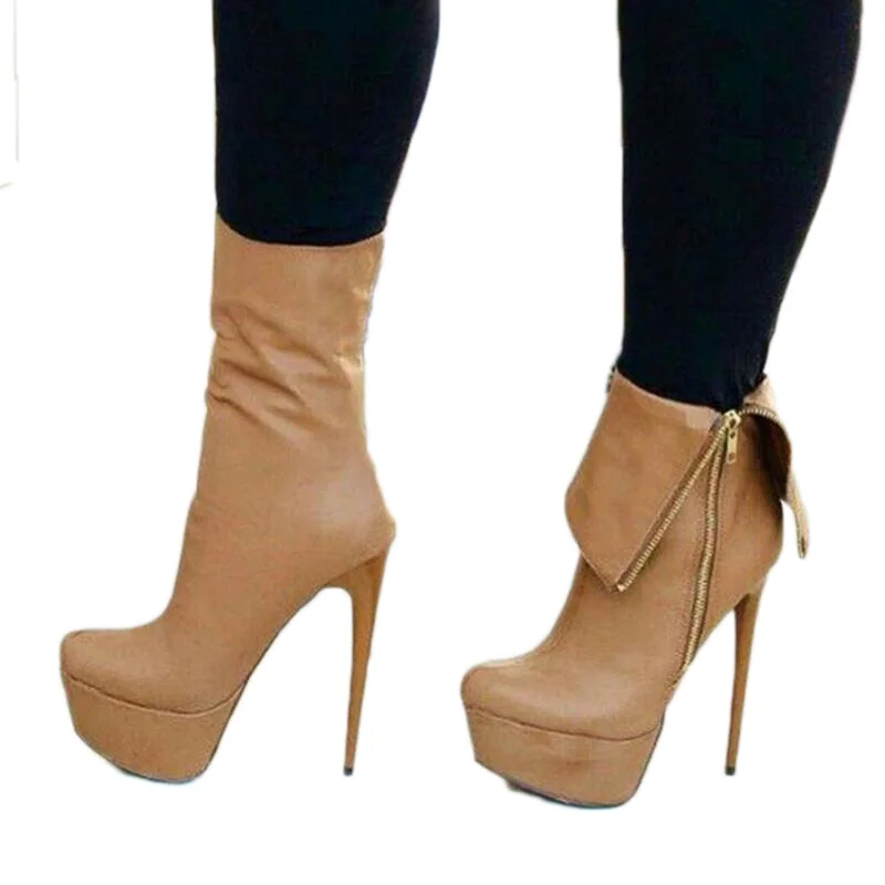 SHOFOO Sexy women's high heels boots. Brown matte leather short boots. About 15cm heel height. Middle boots/ankle boots. Zipper