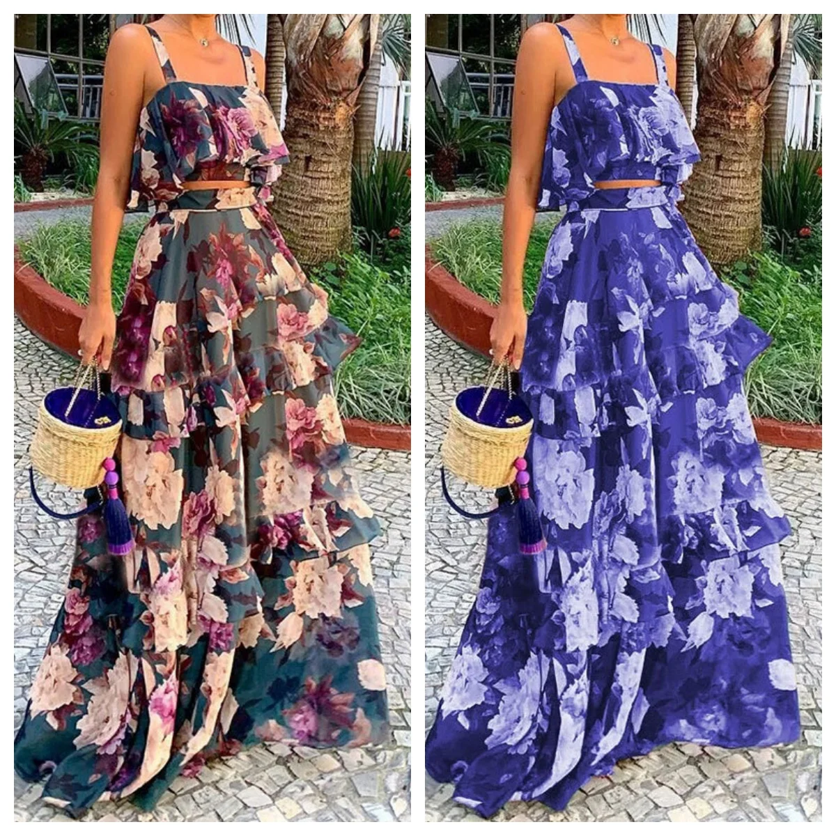 

Women Sexy Spaghetti Strap Backless Short Top High Waist Ruffles Stitching Skirt Suit Summer Fashion Vacation Printed Suit