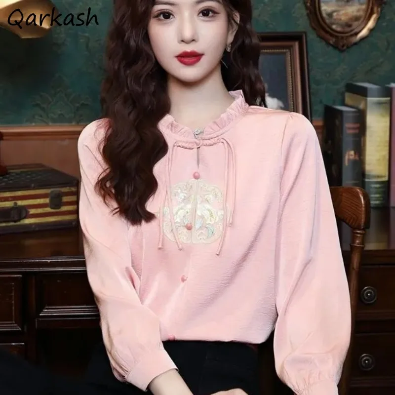 

Chinese Style Shirts for Women Chic Design Frog Solid Fit Embroidery New Long Sleeve Spring Autumn Casual Students Vintage Mujer