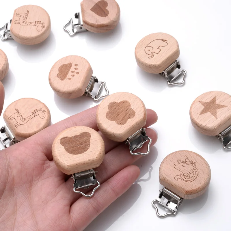 5Pcs/Lot Baby Beech Wood Pacifier Clips For Baby Chew Feeding Accessory Wooden Dummy Clip DIY Nipple Chain Holder Teething Chain