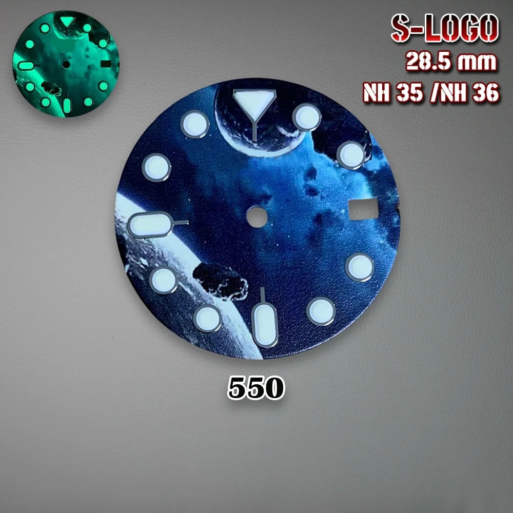 28.5 مللي متر NH35 الطلب S شعار الأرض القمر السماء المرصعة بالنجوم الهاتفي مناسبة لحركة NH35 C3 قوي الأخضر مضيئة ساعة تعديل Accessori