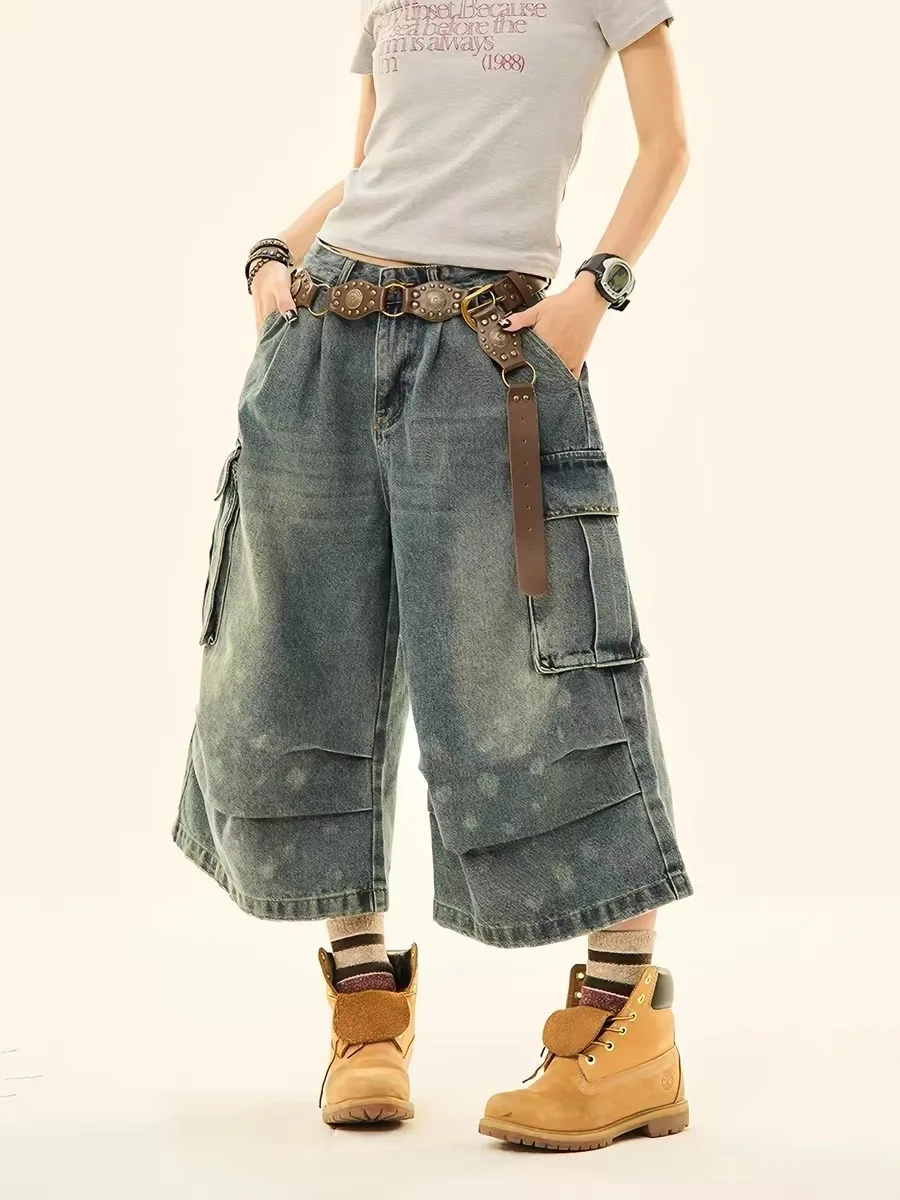 

American Retro Multi-Pocket Seven-Foot Pants Women Summer Popular Loose Wide Leg Jeans High Waist Denim Fabric Wear-Resistant