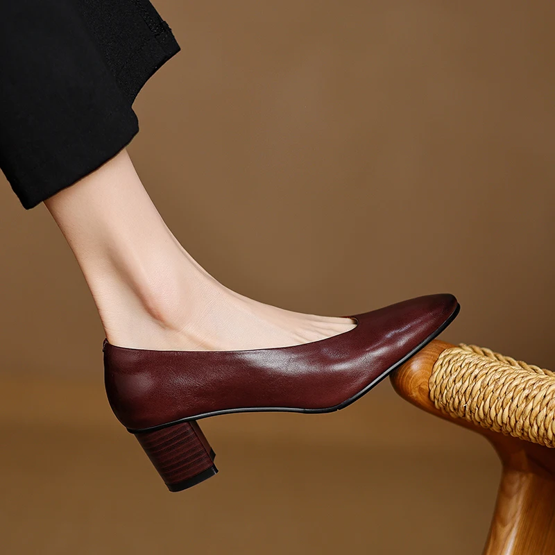 

Women's Genuine Leather Brown Pumps Comfortable and Elegant Designer Ladies Round Slip-on Woman Luxury 2026 Thick Heel Shoes