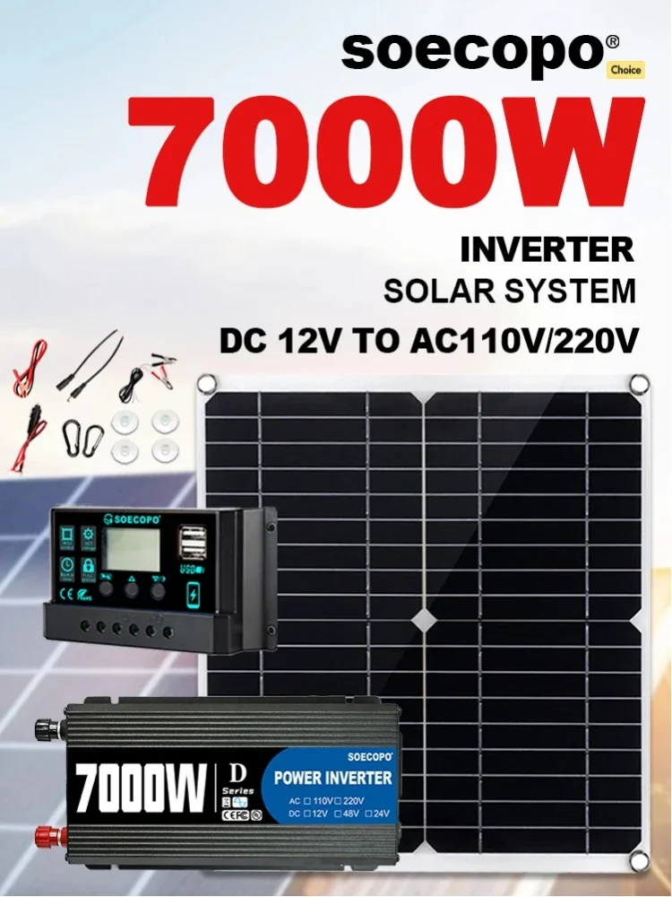 SOECOPO 7000W Peak Komplettes Off-Grid-Solarsystem-Kit, Flexibles Solarmodul + 750W Nennleistungswechselrichter der D-Serie + LCD-Solarregler, DC 12V zu AC 220V, Polnisches Lokales Lager Schneller