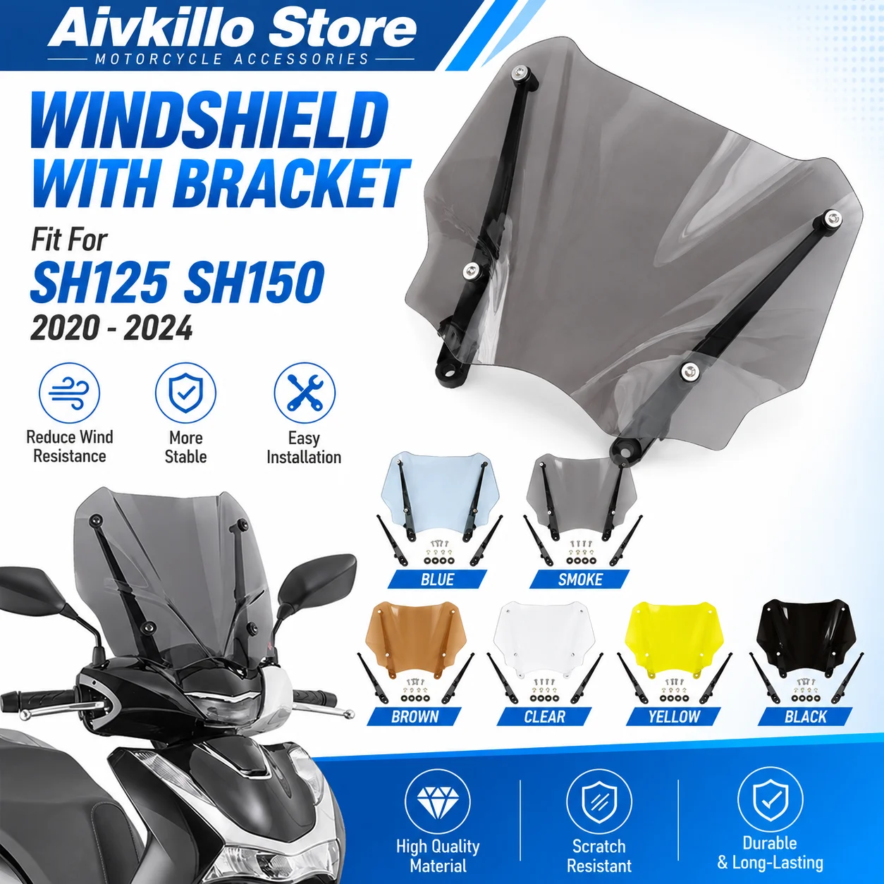 Fit For HONDA SH125 SH150 2020 - 2024 SH 125i 150i European Version Motorcycle Accessories Windscreen Windshield w/ Bracket view 2