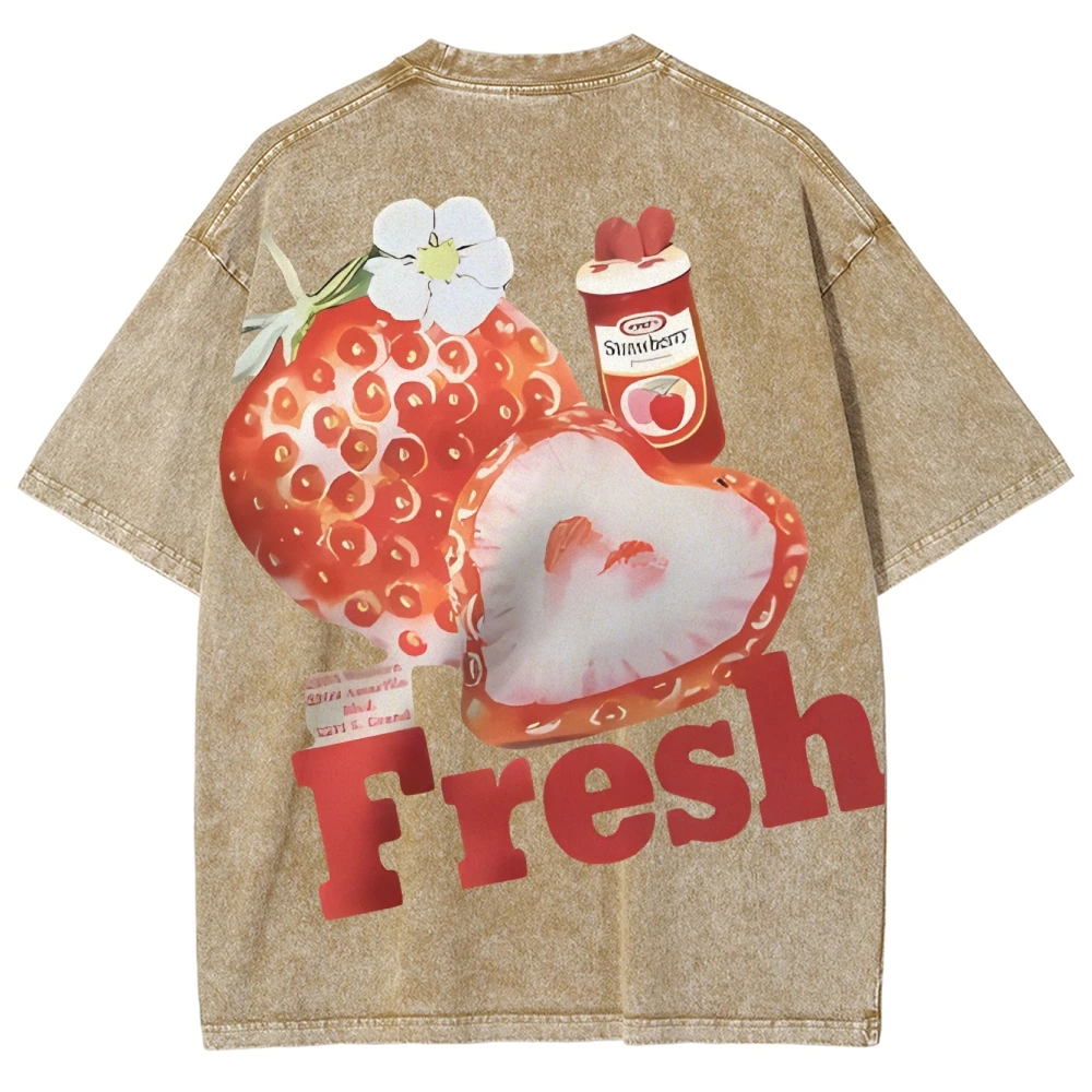 Pandas Cartoon Strawberry Pattern Quality Oversized Acid Washed Y2K Women Men Vintage  Streetwear Mineral Wash T-shirts - Image 2