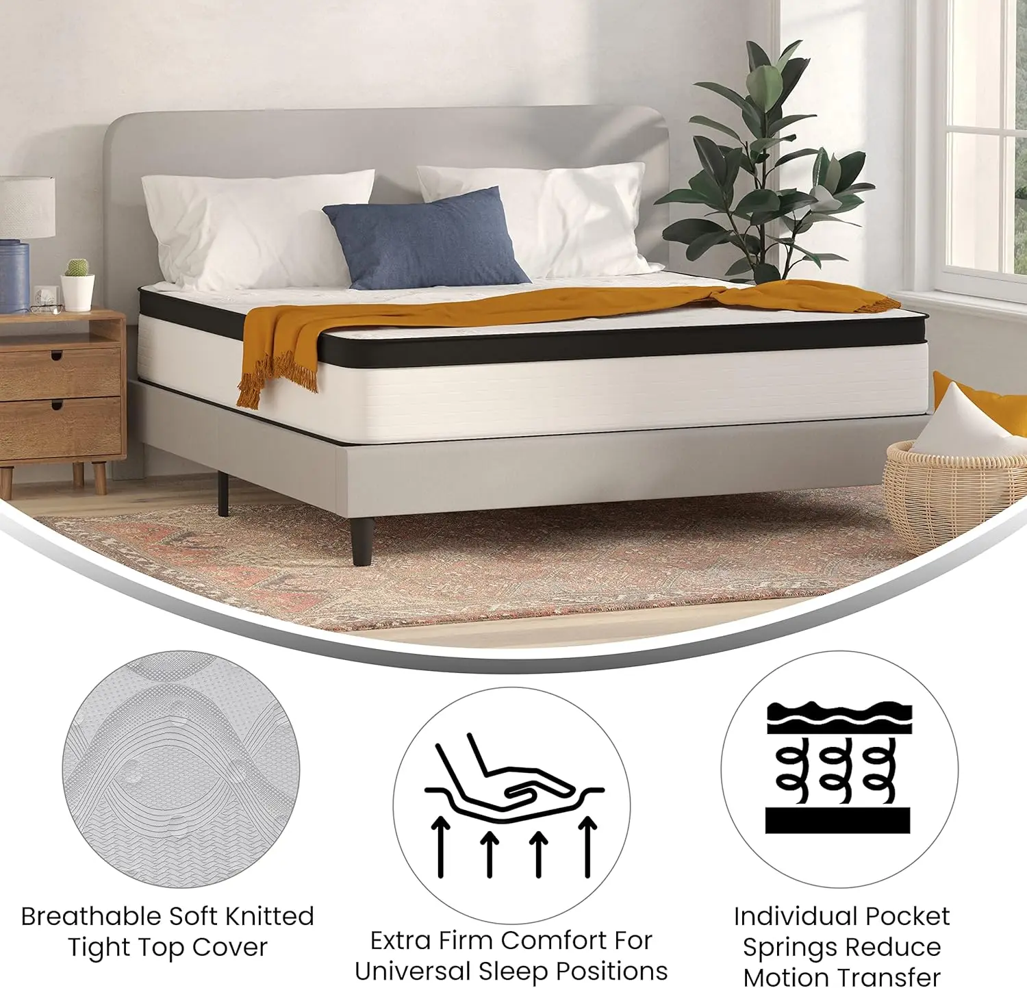 Merrick Lane Lofton Colchão Híbrido Extra Firme, CertiPUR Branco, Espuma Certificada EUA, 12 "King Bed in a Box