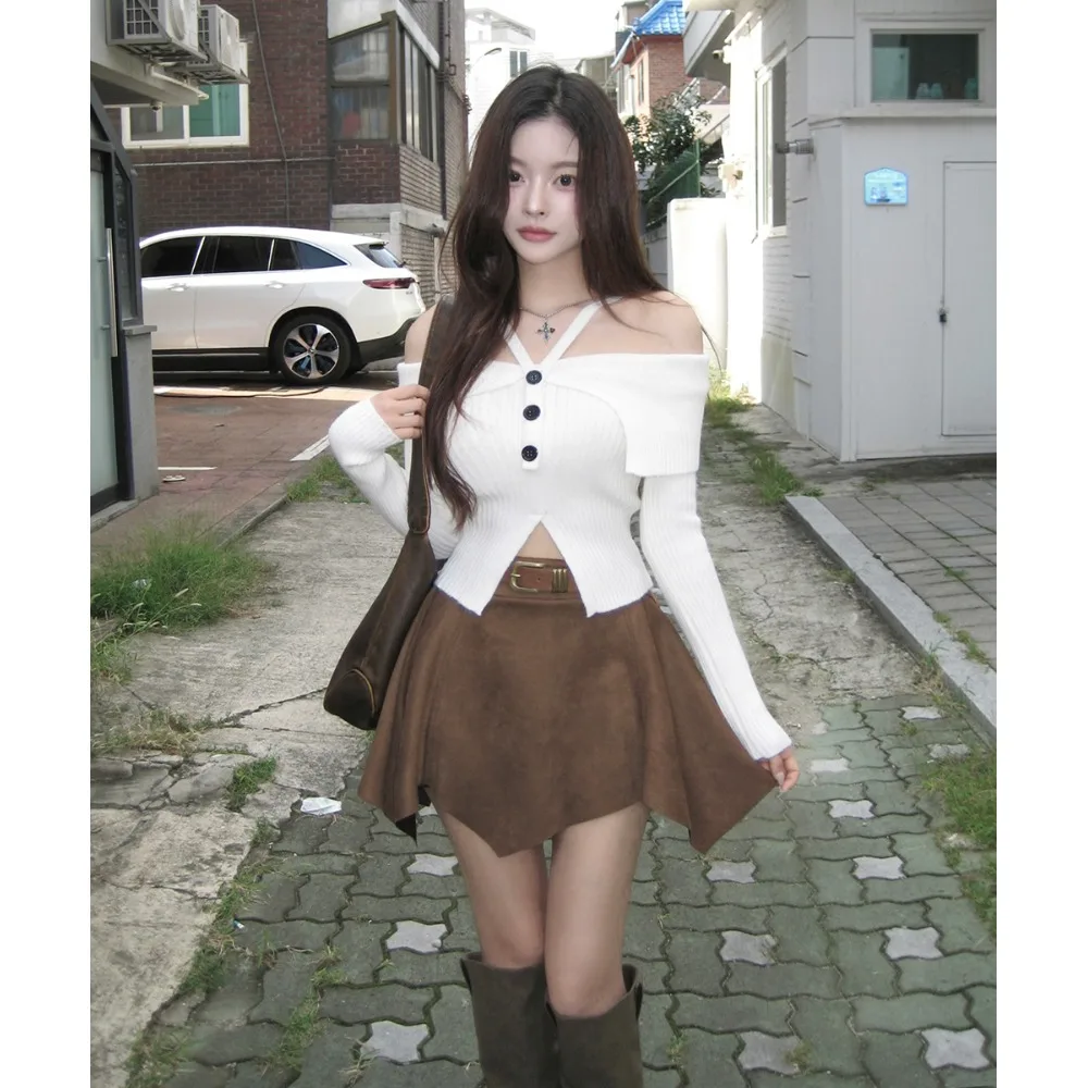 

Корейский Sle Ретро 2026, весна-осень, новый универсальный вязаный топ с колючками для похудения для маленьких фигурок, поездок на работу моиины