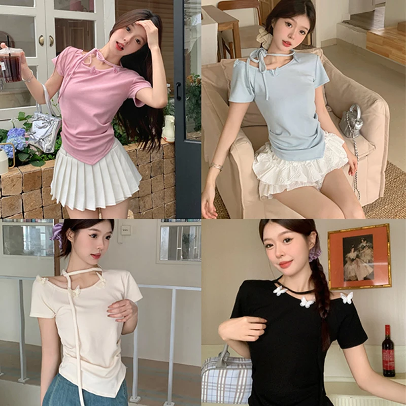 Women's Short-sleeved Waist Tops Summer Butterfly Decoration Off-shoulder Women's Pullover Round Neck Sweater