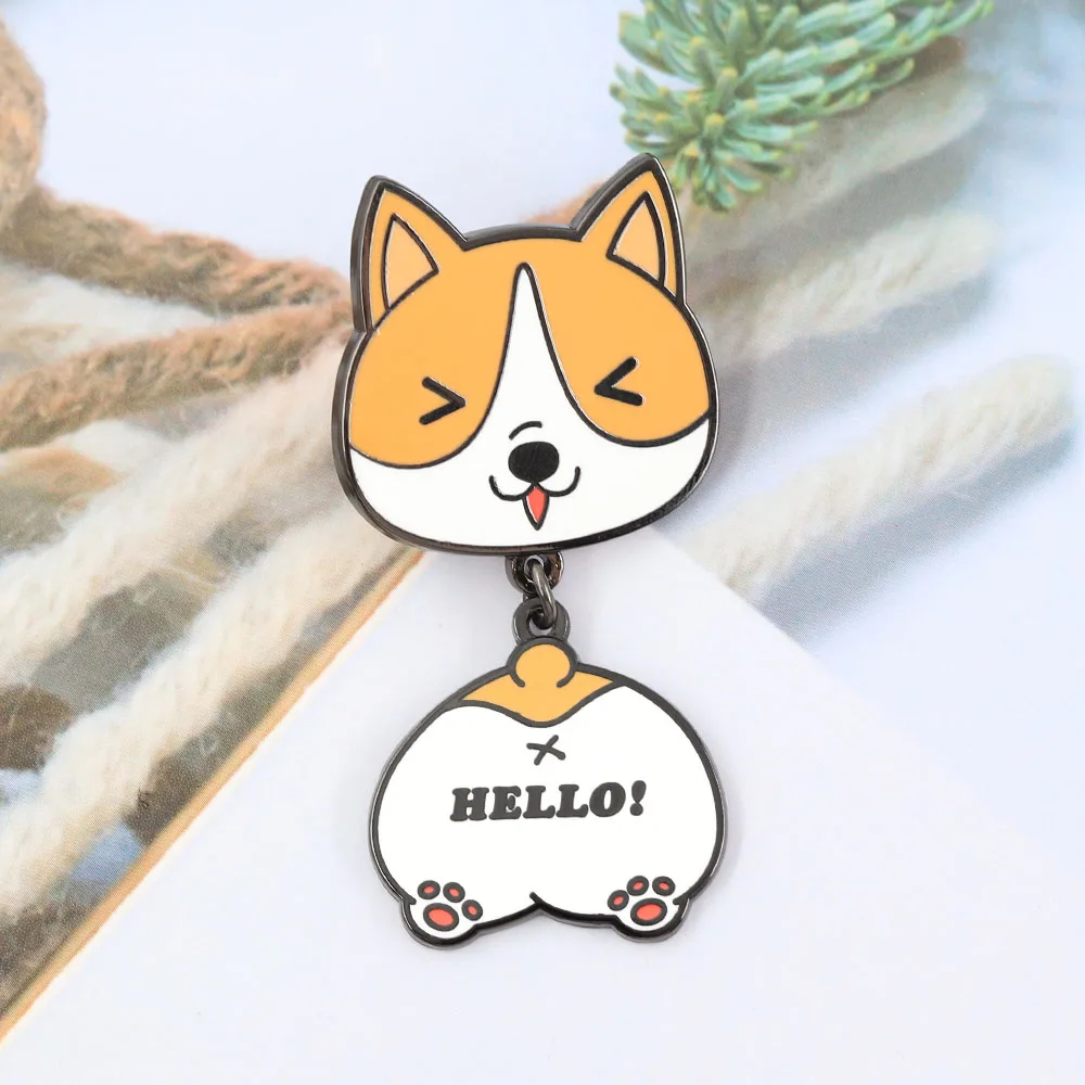Lustige Corgi-Hund-Emaille-Anstecker, kreativer Corgi-Po mit „Hallo!“ Buchstaben-Broschen, hängende Tier-Abzeichen, Taschen-Reversnadel, Schmuckgeschenk – Detail 4