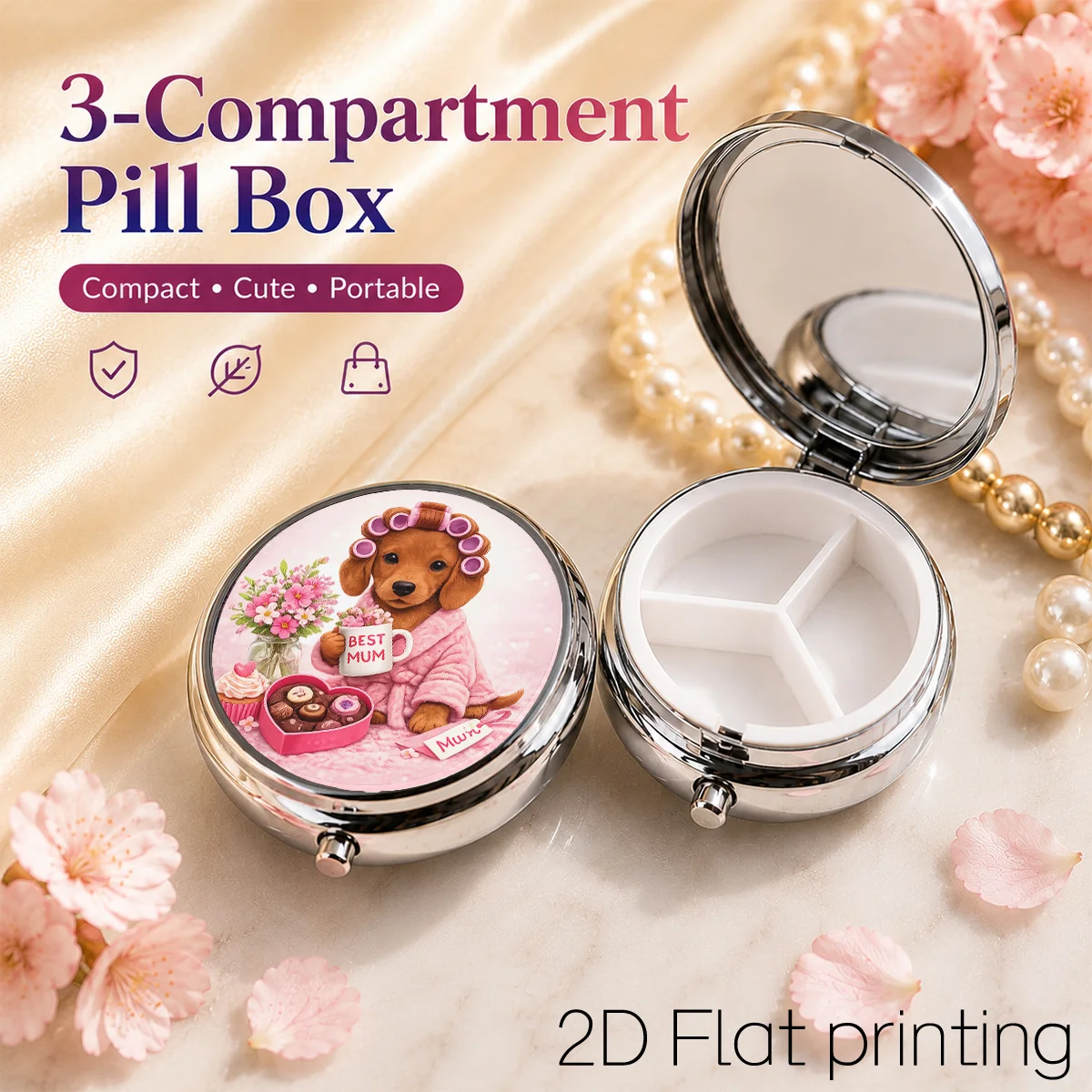Pink Bathrobe with Curly-Haired Brown Dog and Flower Pattern, Portable Pill Box for Daily Travel, Moisture-Proof Small Pill Case, Multifunctional Storage Box for Vitamins and Supplements, Small Jewelry Organizer, Waterproof Pill Storage Box, Holiday Gifts, Souvenirs, Prizes, Small Gifts, Suitable for Personal Use or as an Exquisite Gift Choice