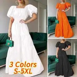 2024 Summer Ladies Dress Summer Sunskirt Square Neck Bubble Sleeve Long Dress Casual Beach Dress