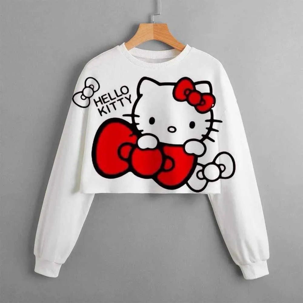 Осенне-зимний новый короткий свитер Hello Kitty для девочек с принтом Толстовка Повседневная мультяшная детская одежда удобный топ