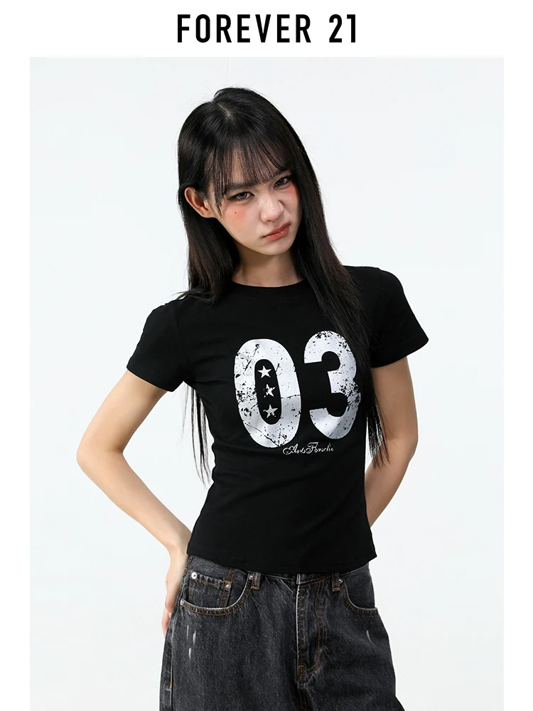 Camiseta Feminina Forever 21 American Spicy Girl com Estampa Digital, Manga Curta, Ajuste Slim, Novo Estilo de Verão, Top Preto Moderno e Casual