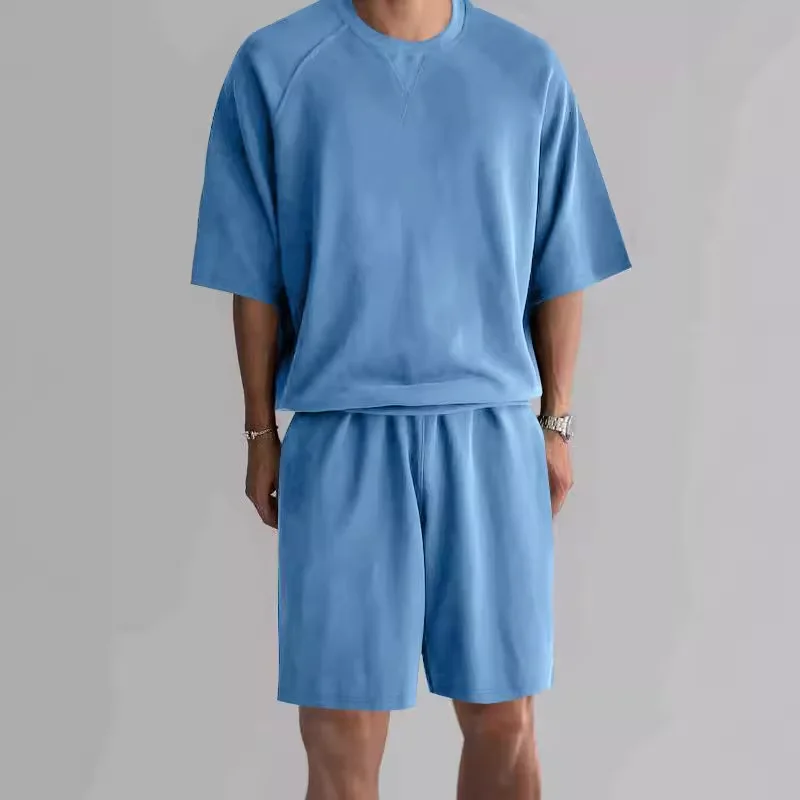 Summer fashion casual men's sportswear set short sleeve shorts comfortable quick-drying solid color embroidery two-piece set