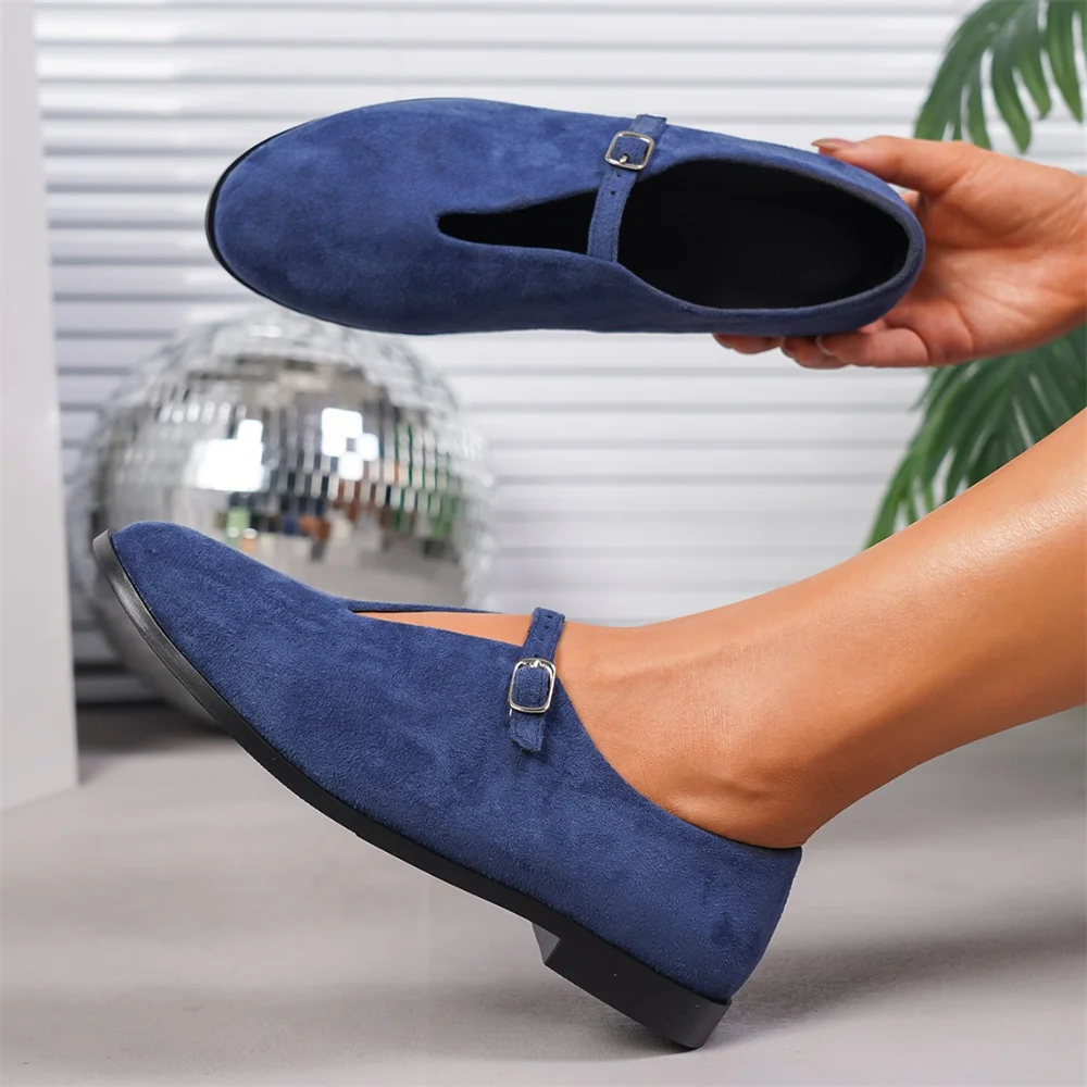 Ballerine da donna nuove di zecca, taglia 42, colore blu floccato, con cinturini con fibbia, punta tonda, modello Mary Jane, scarpe basse da ballo, perfette per tutti i giorni._voghion.com