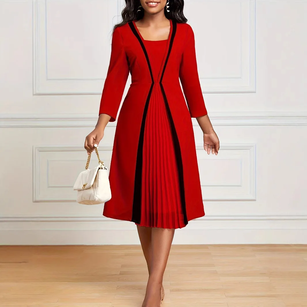 

Fashion Splicing Long Dress Female Short Sleeve O-neck Waist-closing Women Dresses Elegant Office Ladies Dress Spring Vestidos