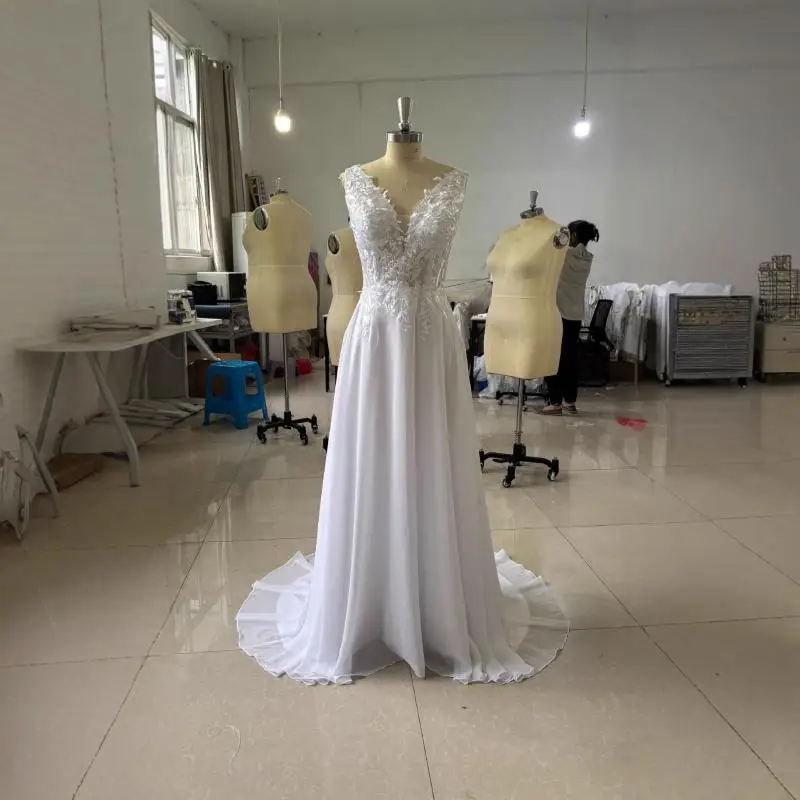 الكتف العميق الخامس الرقبة الدانتيل المطرزة أكمام فستان طويل للخروج فستان الزفاف الخفيف فستان زفاف بسيط مخصص