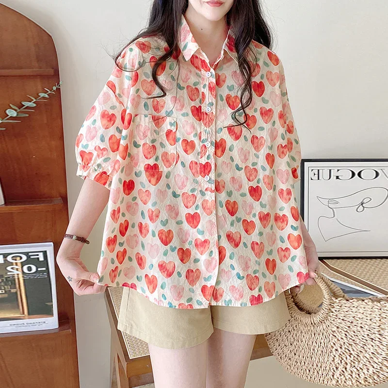 Printed Short-sleeved Shirt Blouse Summer Korean Version of Loose Painted Love Elegant and Youth Woman Blouses Camisas X693