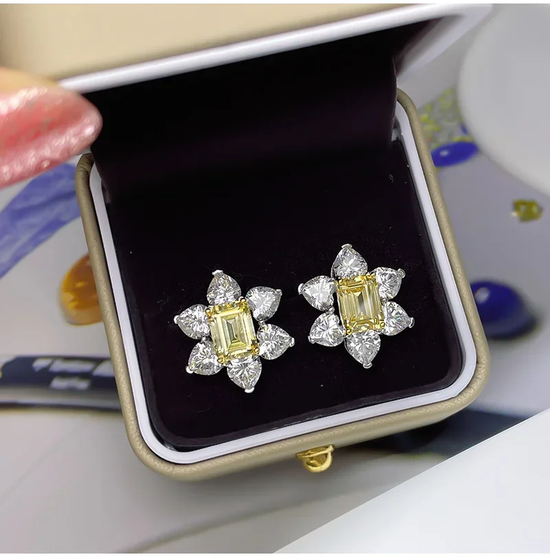 Premium Yellow Diamond Earrings Sunflower Emerald Cut   Crystal Candy  Versatile Luxury