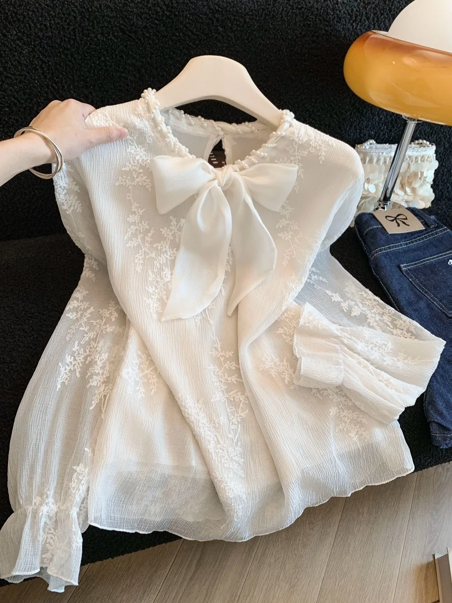 

Ele Lace Knot irt Women's Spring New Sle Slimming Beautiful Top Sweet Sle Straight Cut Long Sve irt