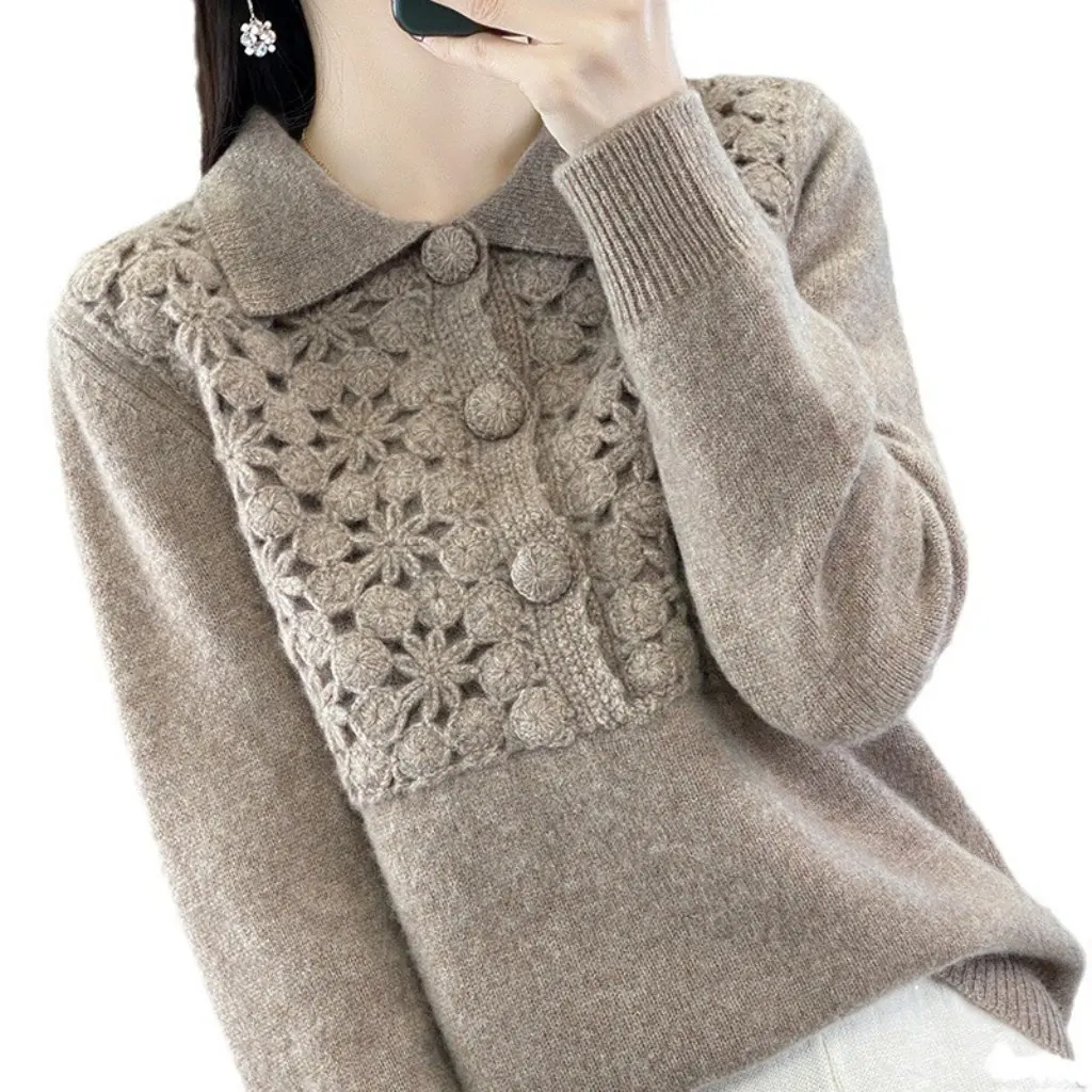 

Women's Crochet POIO Collar Wool Sweater Short Loose Thickened Hand Knitted Heavy Outer Wear Sweater