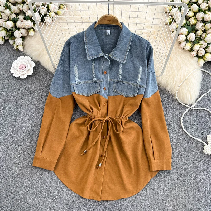 KUSAHIKI Demin Blouse Women 2023 Autumn Hit Color Patchwork Shirts Causal Korean Fashion Drawstring Slim Waist Jeans Blusas