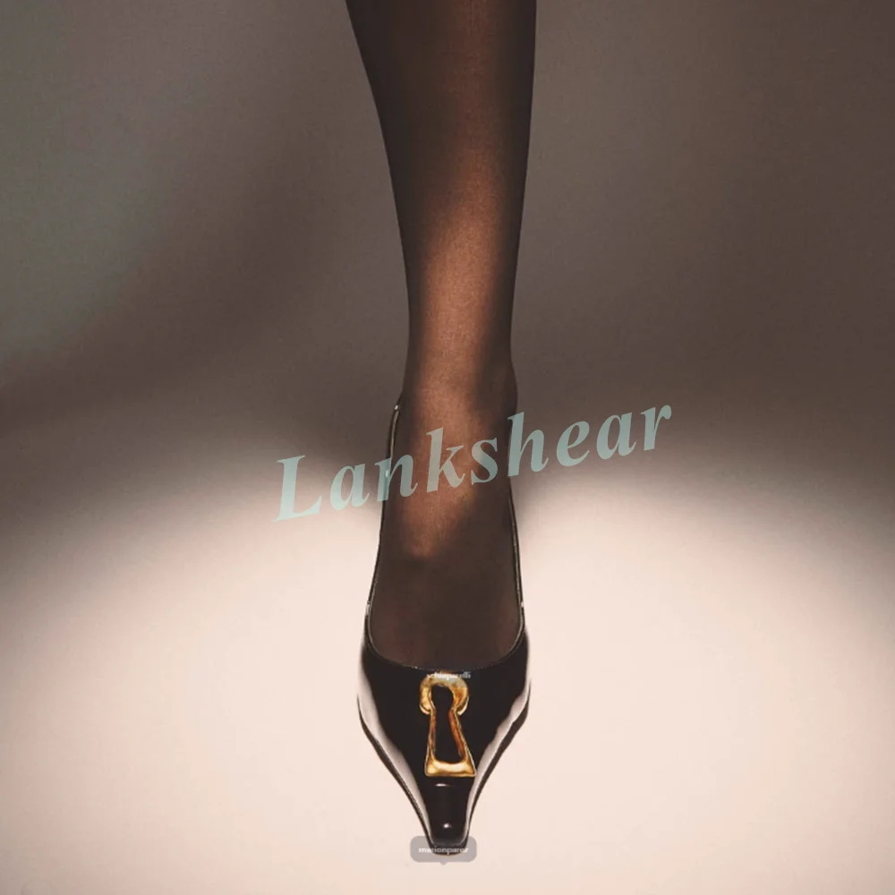 Black Patent Leather Pointed Toe Stiletto Pumps for Women Unique Gold Geometric Front Buckle Sleek Glamorous Statement Footwear