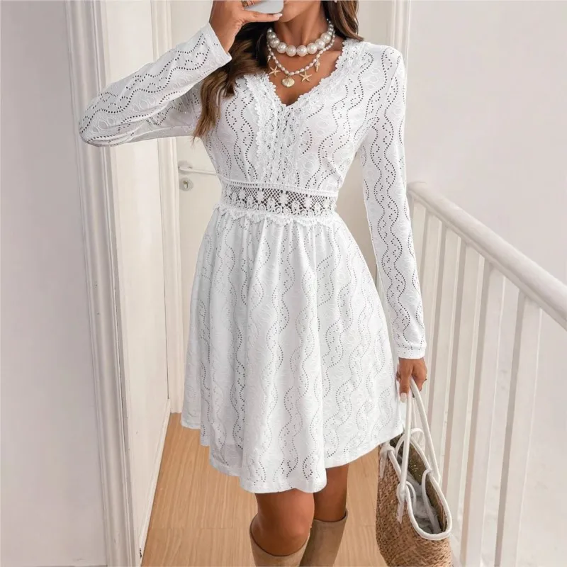 

Solid Color Lace Patchwork Fashion Dress Sexy V-neck Hollow Out Short Frock Long Sleeves Autumn Leisure Vestidos Para Mujer