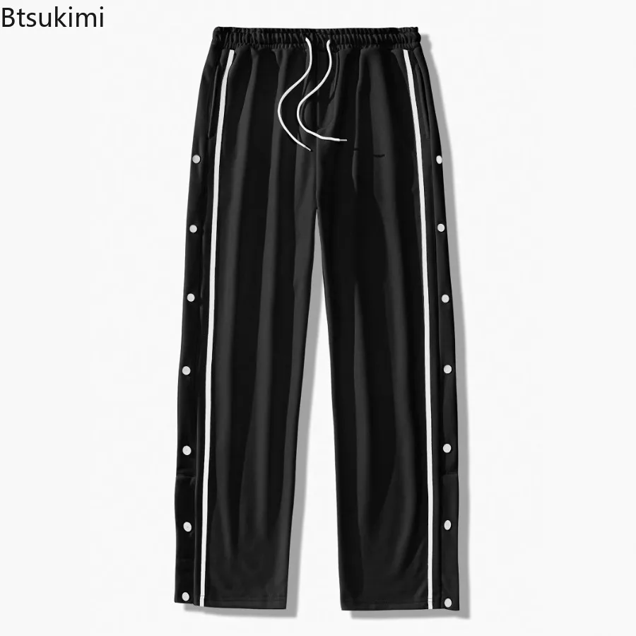 2025 Casual Streetwear Men's Trendy Side Breasted Design Baggy Pants Spring Autumn New Men's Straight Leg Drawstring Sweatpants